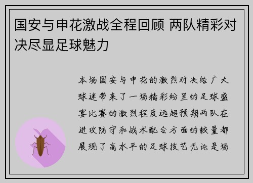 国安与申花激战全程回顾 两队精彩对决尽显足球魅力