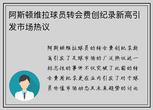 阿斯顿维拉球员转会费创纪录新高引发市场热议